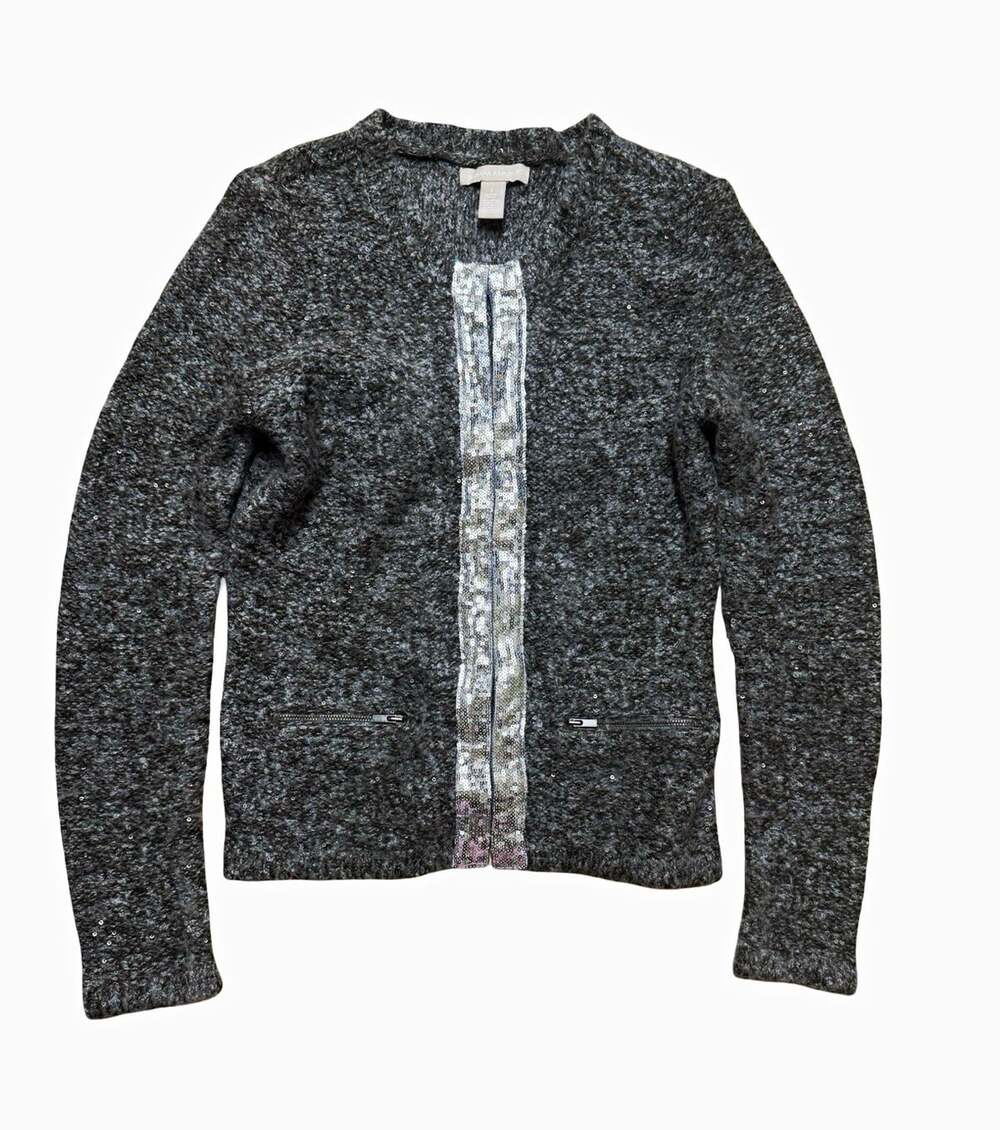Banana Republic Gray Knit Sequin Trim Crewneck Cardigan Sweater Womens S